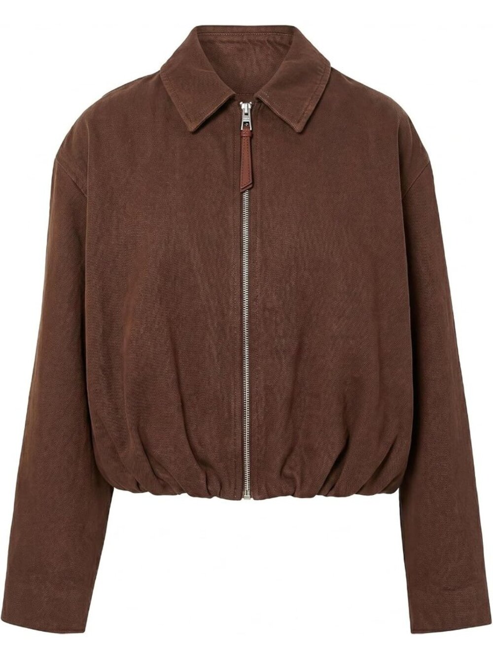 Women Coffee Polyester Lapel Collared Long Sleeve Side Pocket Zip Up Jean Jacket